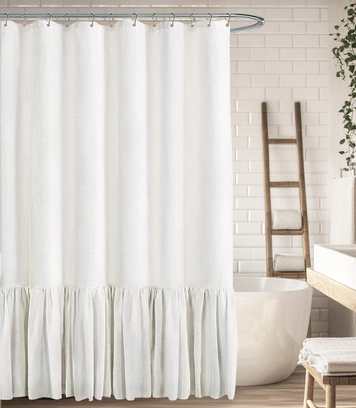 Farmhouse Shower Curtain Ruffle Linen Cream-Green Stripe 72"W x 72"L