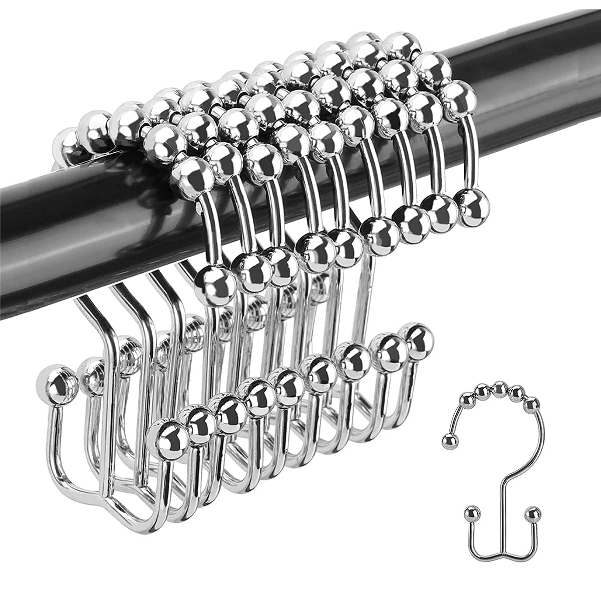 Shower Curtain Hooks Rings, Stainless Stee Double Glide Rollers Extra Wide Shower Curtain Rods Hooks for Bathroom, Set of 18 Hooks - Chrome
