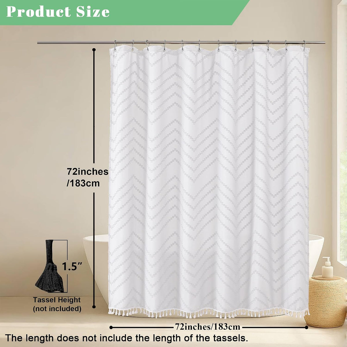 OWENIE Boho Shower Curtain, White Fabric Cloth Shower Curtains Farmhouse Tufted Chevron Striped Textured with Tassel for Bathroom, Soft Hotel Style Modern Minimalist, Machine Washable, 72x72, White