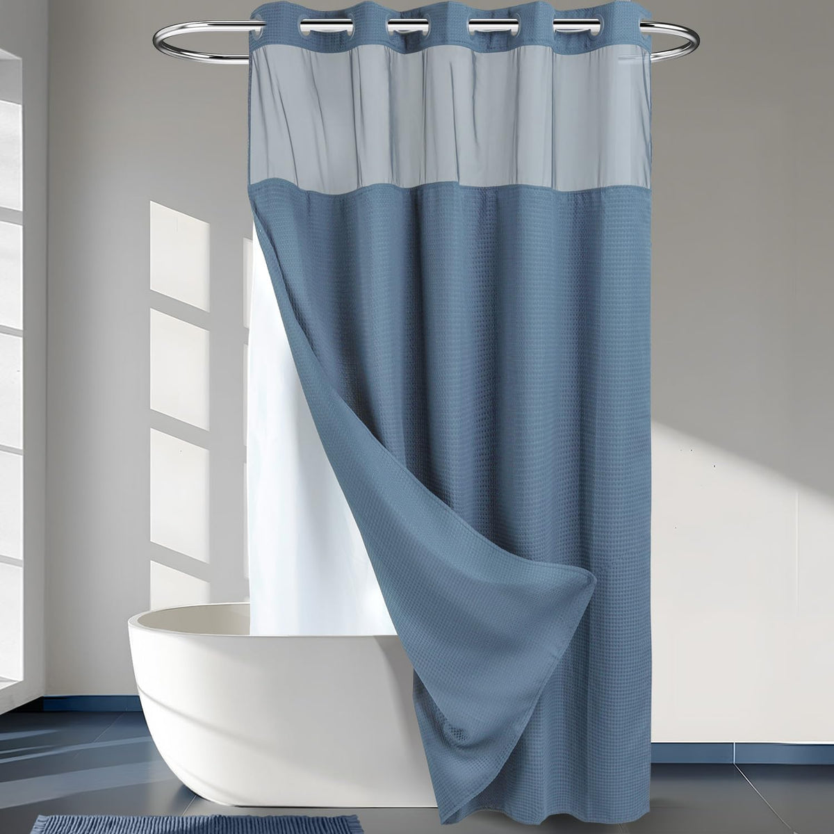 RiverDream Heavyweight Waffle No Hook Shower Curtain with Liner,White,71x74