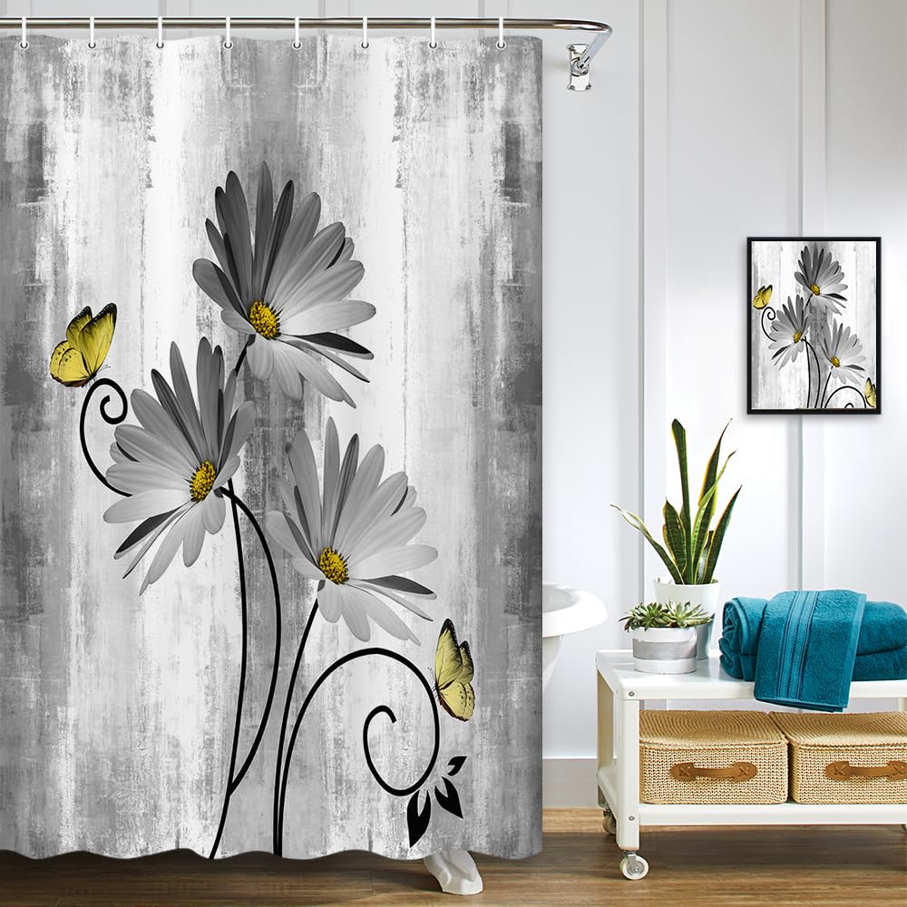 Rustic Farmhouse Shower Curtain, Farm Tan Cream Daisy Floral Flowers and Butterfly on Country Wooden Shower Curtains for Bathroom, Beige Brown Home Decor with 12PCS Hooks, 70X70IN