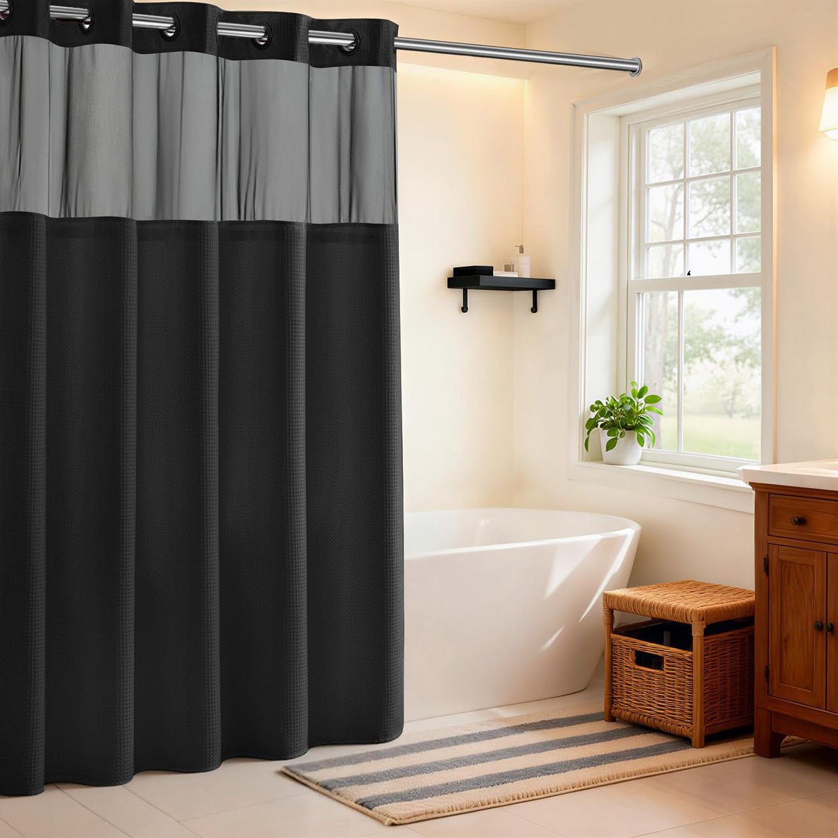 RiverDream Heavyweight Waffle No Hook Shower Curtain with Liner,White,71x74