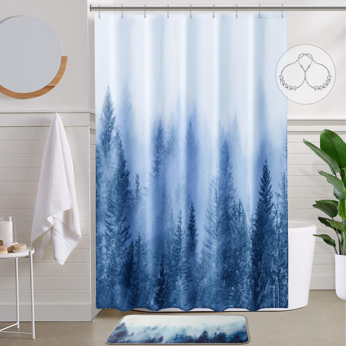 ORTIGIA Black and White Misty Forest Shower Curtain for Bathroom, Nature Woodland Curtain Set with Hooks, Decorative Pine Tree Fog Magic Bath Decor for Home Weighted, 72x72