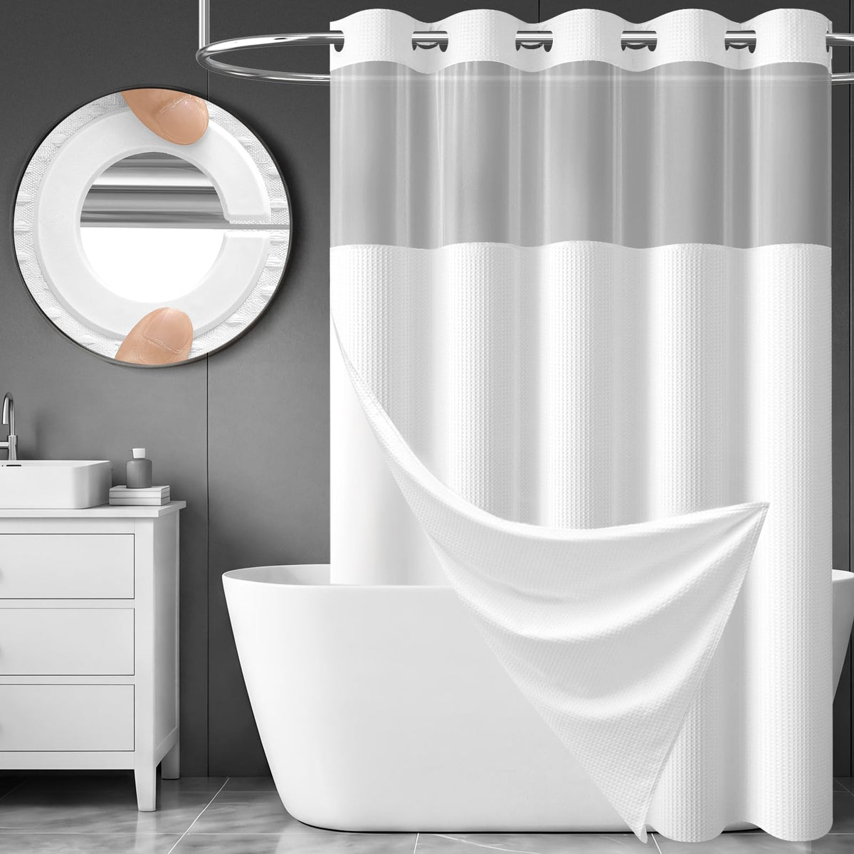 Dynamene Ringless Waffle Weave Fabric Shower Curtain Set, Black, 72"x75"