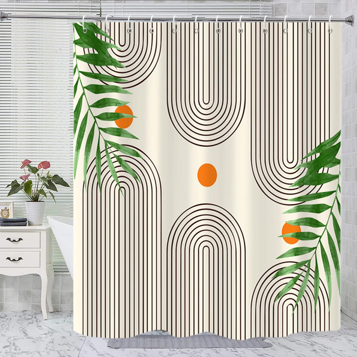 Boho Mid Century Shower Curtain, Modern Abstract with Hooks 72x72