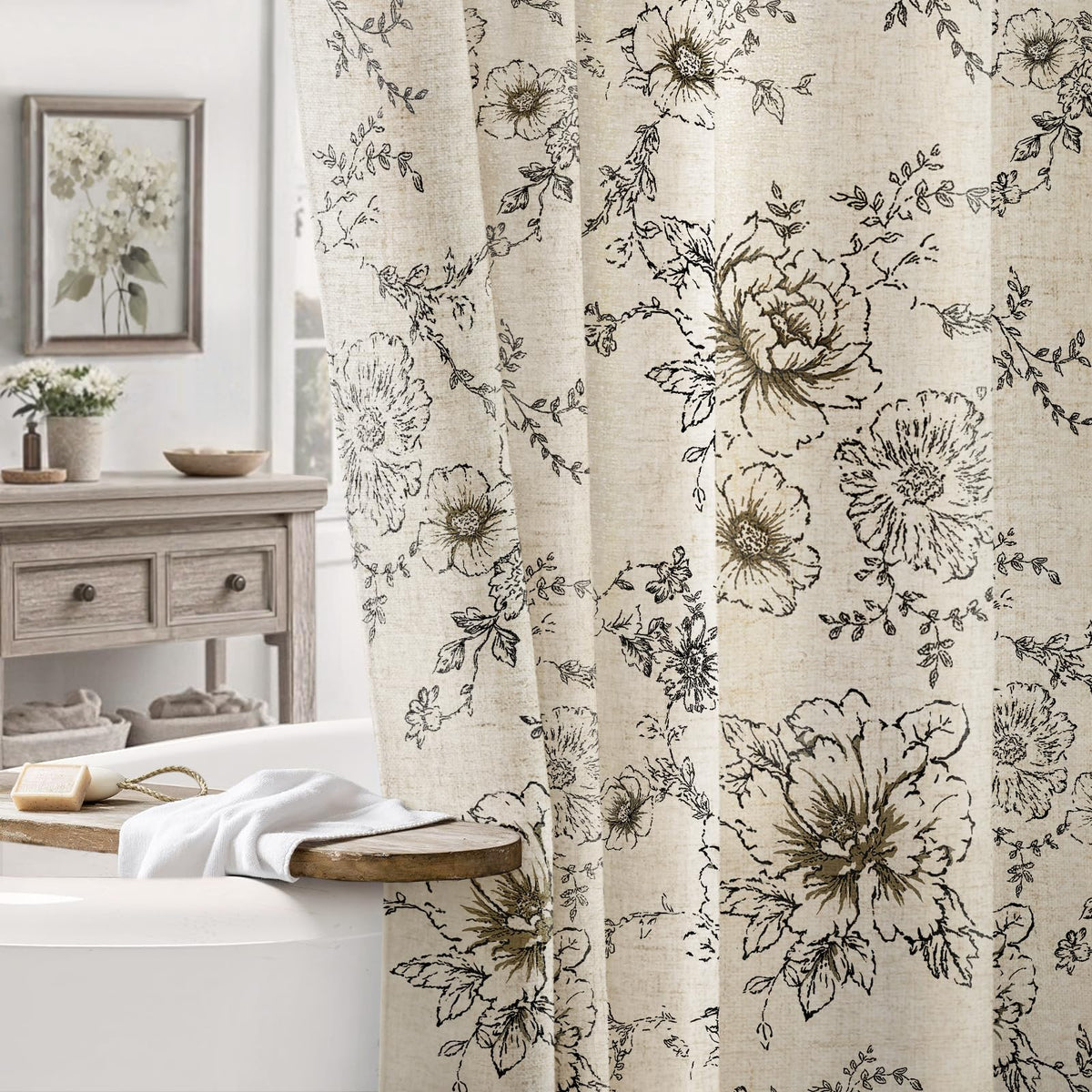 Farmhouse Floral Vintage Shower Curtain for Bathroom, Black and Tan Taupe