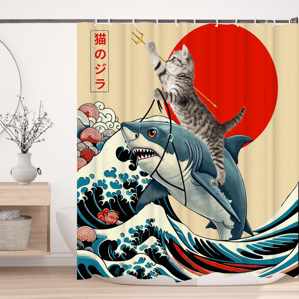 Funny Japanese Cat Funky Anime Japan Bathroom Shower Curtain, 72x72