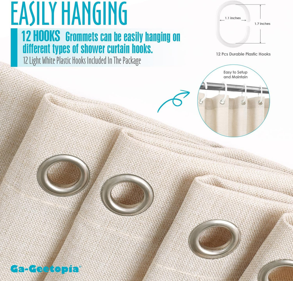 Ga-Geetopia Linen Textured Shower Curtain Set with Hooks, Boho Farmhouse Bath Shower Curtains for Beige Bathroom Neutral Cloth, Hotel Luxury, Weighted Hem, 72W x 72L, Cream