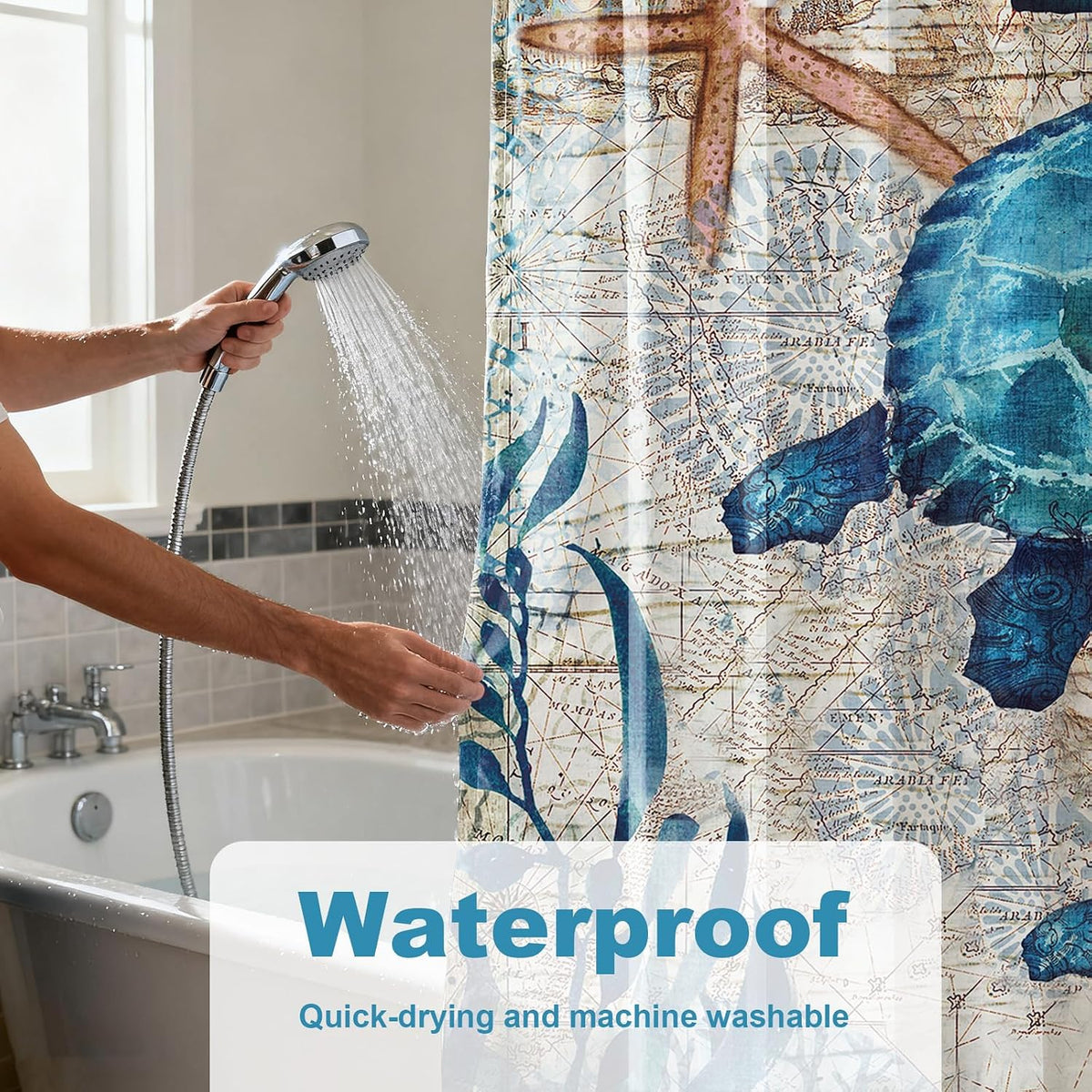 Nautical Green Sea Turtles Beach Theme Fabric Shower Curtain Sets Bathroom Blue Ocean Decor with Grommets and Hooks - 72 x 72 Inch Teal