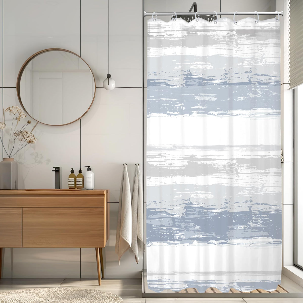 Abstract Blue Modern Gray Striped Minimalist Bathroom Shower Curtain Set