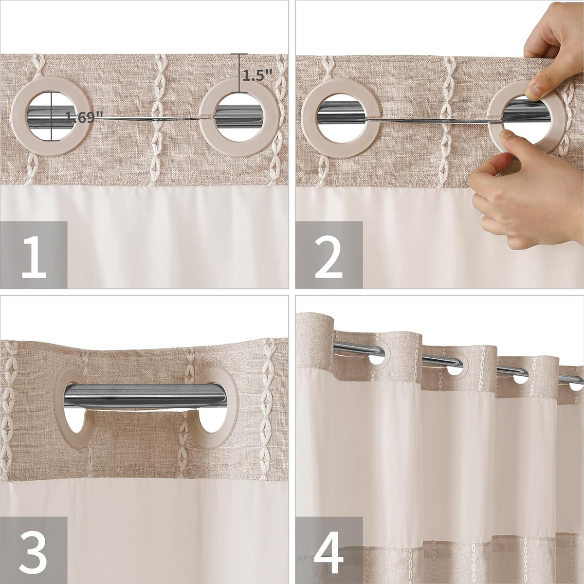 eachope Boho Farmhouse No Hook Shower Curtain Set with Snap-in Fabric Liner,Heavy-Duty Linen Textured Rustic Striped Design,Water-Repellent with Tassels and Sheer Window,Tan/Taupe,71x74
