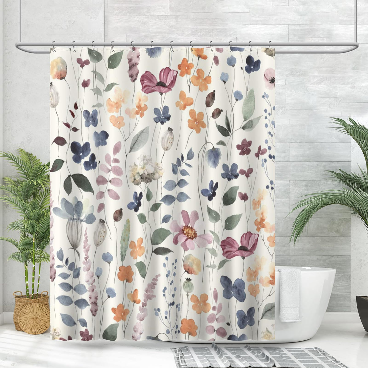 Amaredom Floral Shower Curtain with 12 Metal Hooks, 72x72 Inches