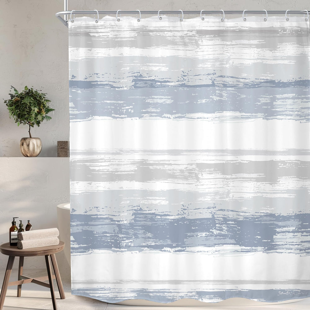Abstract Blue Modern Gray Striped Minimalist Bathroom Shower Curtain Set
