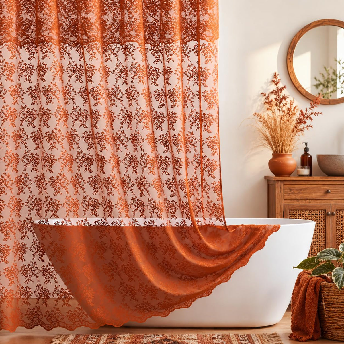 TUDECO Pink Lace Shower Curtain with Attached Valance, 72x72 Inch, 1 Panel