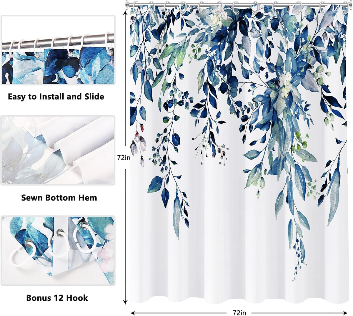 Shower Curtain Blue Eucalyptus Shower Curtains for Bathroom, Watercolor Leaf Shower Curtain Sets Waterproof Plant Shower Curtain Leaves Fabric Cloth Bathroom Curtains 72x72 inch with Hooks