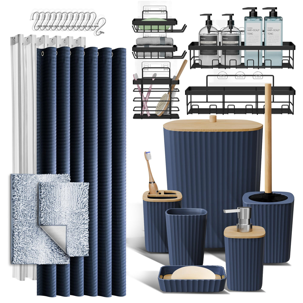Clara Clark Black Bathroom Set, Shower Curtain Set, Bathroom Accessory Set