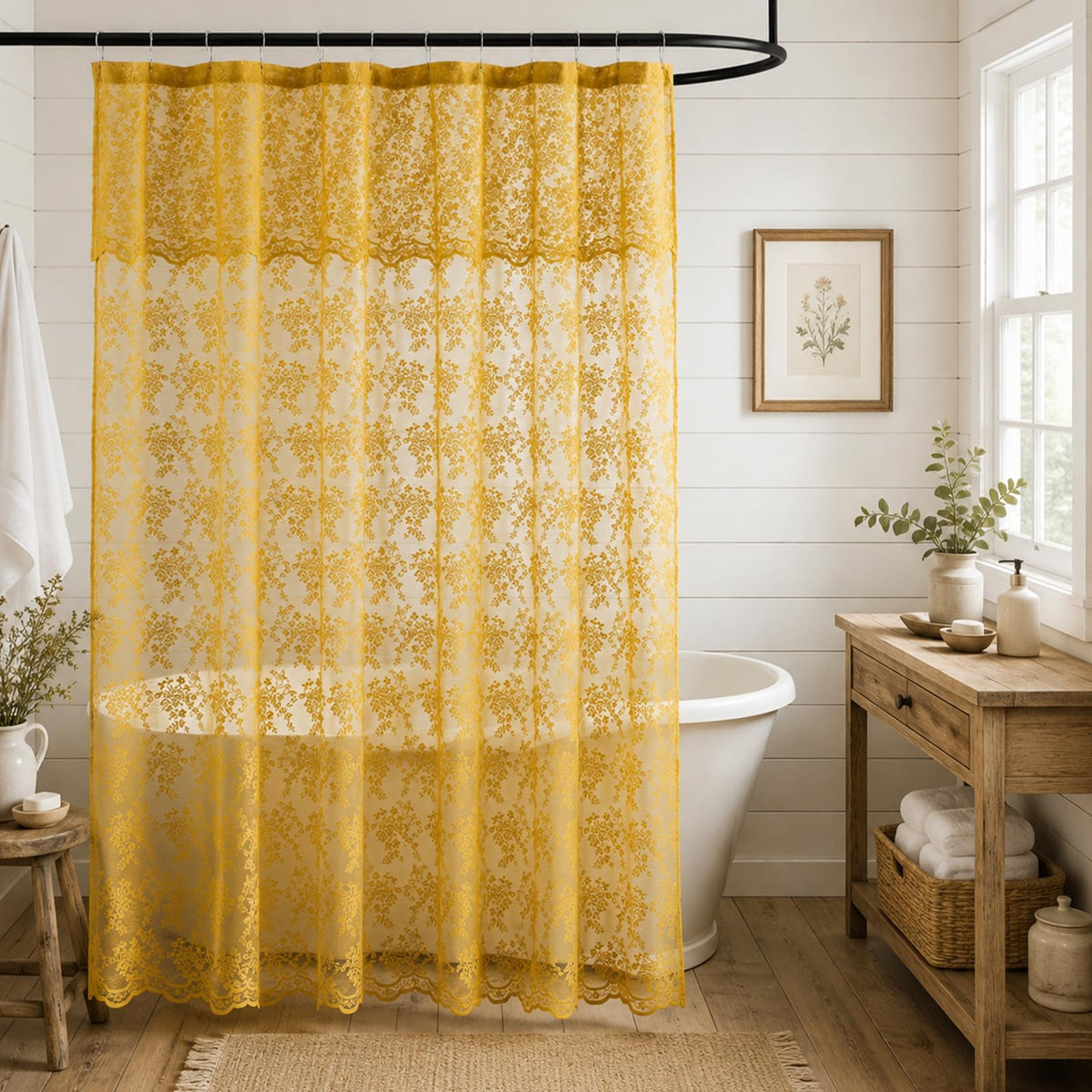 TUDECO Pink Lace Shower Curtain with Attached Valance, 72x72 Inch, 1 Panel