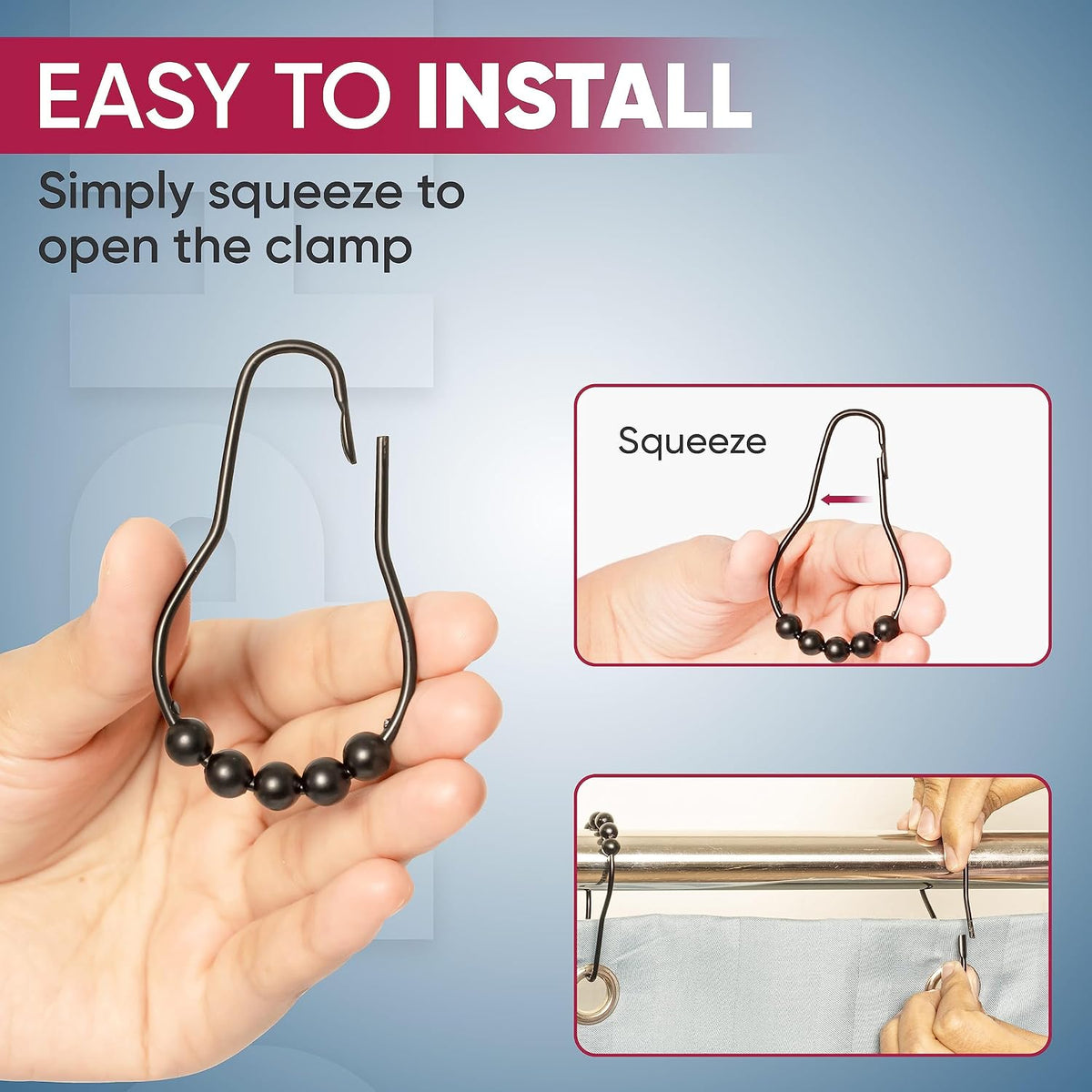 Rust Proof Shower Curtain Hooks, Stainless Steel Curtain Rings, Pack of 12