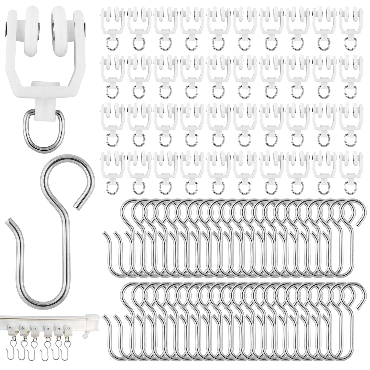 100 Pcs Curtain Track Gliders Hooks, 50 Pcs Plastic Curtain Track Glider and 50 Pcs Metal Curtain Track Hooks S Shaped for Shower Curtain, Curtain Track Rollers for Bendable Curtain Track Pulley