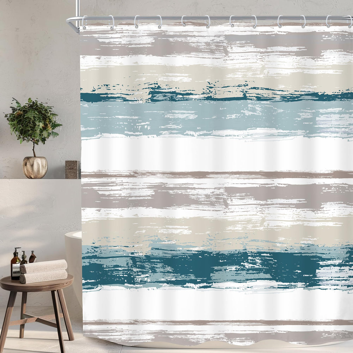 Abstract Blue Modern Gray Striped Minimalist Bathroom Shower Curtain Set