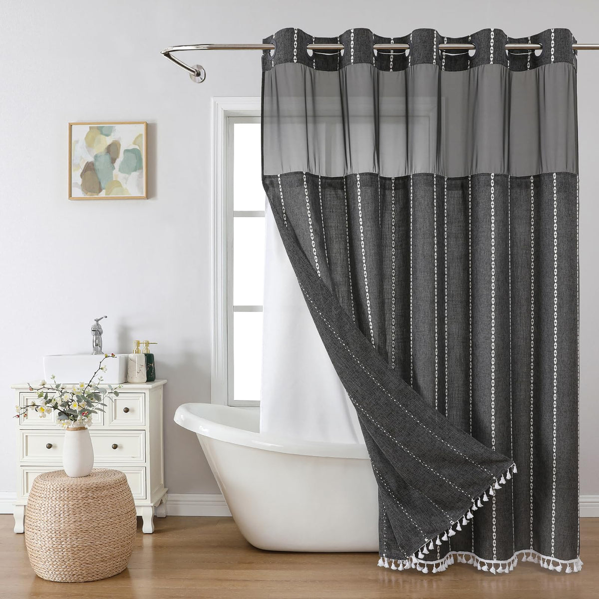 eachope Boho Farmhouse No Hook Shower Curtain Set with Snap-in Fabric Liner,Heavy-Duty Linen Textured Rustic Striped Design,Water-Repellent with Tassels and Sheer Window,Tan/Taupe,71x74