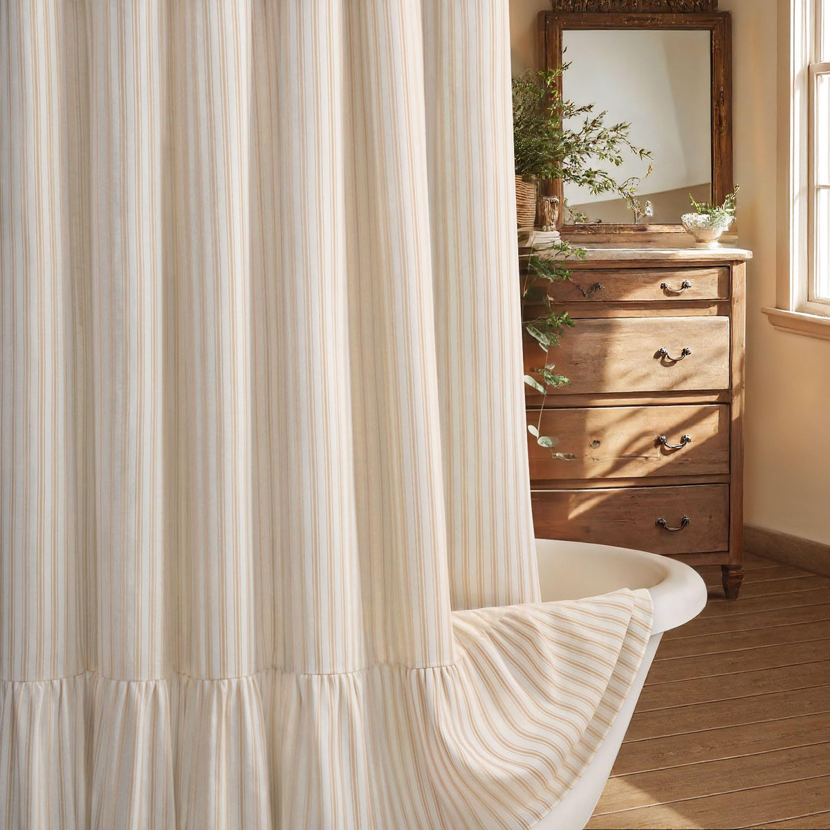 Farmhouse Shower Curtain Ruffle Linen Cream-Green Stripe 72"W x 72"L