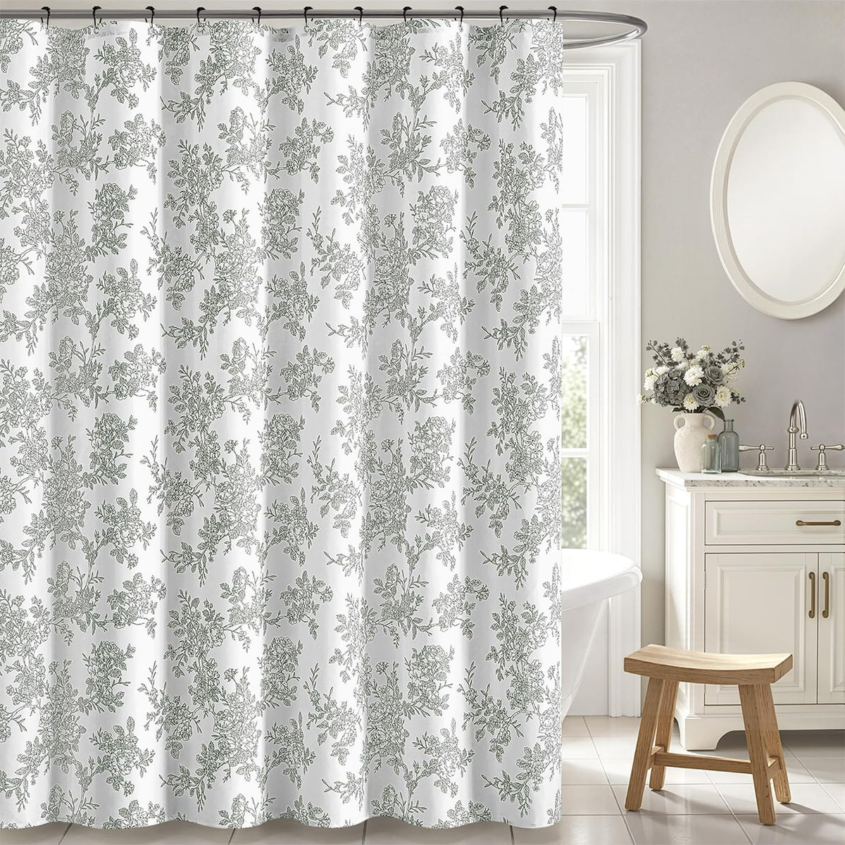 Linen Blue Floral Toile Shower Curtain W72*L72 Inches Long