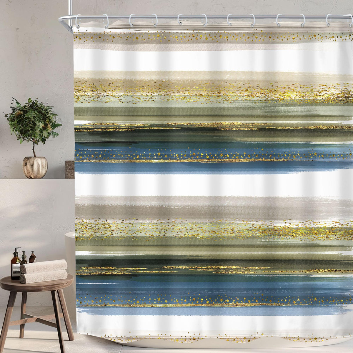 Abstract Blue Modern Gray Striped Minimalist Bathroom Shower Curtain Set