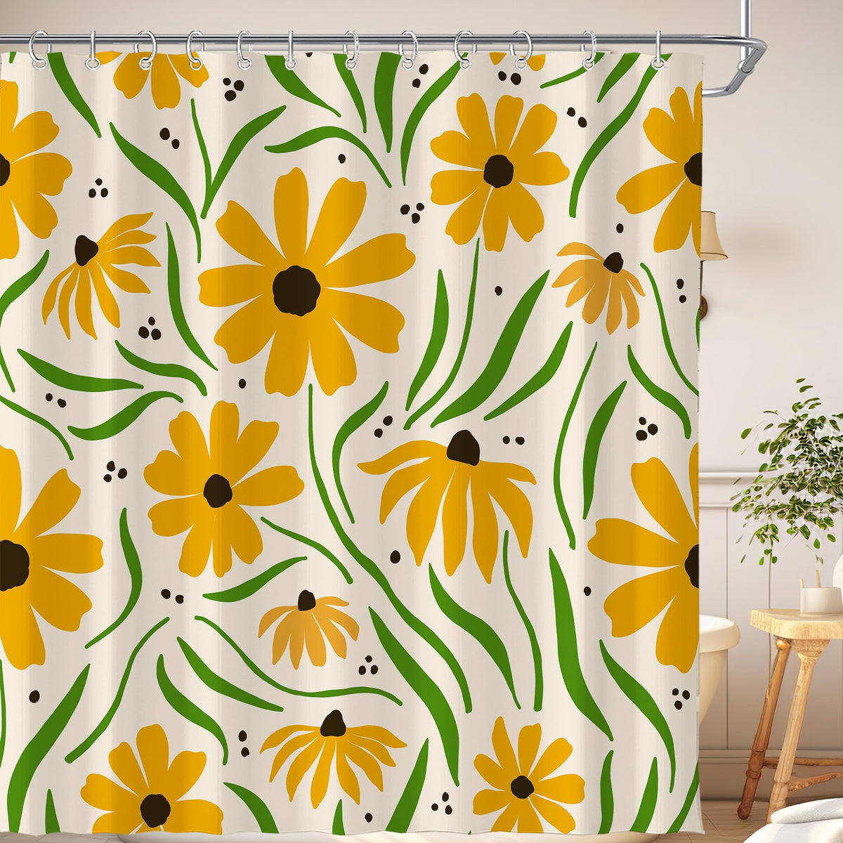 Black Cute Retro Floral Abstract 70s Aesthetic 72W*72H Inch Shower Curtain