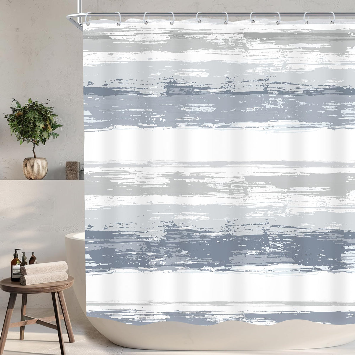 Abstract Blue Modern Gray Striped Minimalist Bathroom Shower Curtain Set