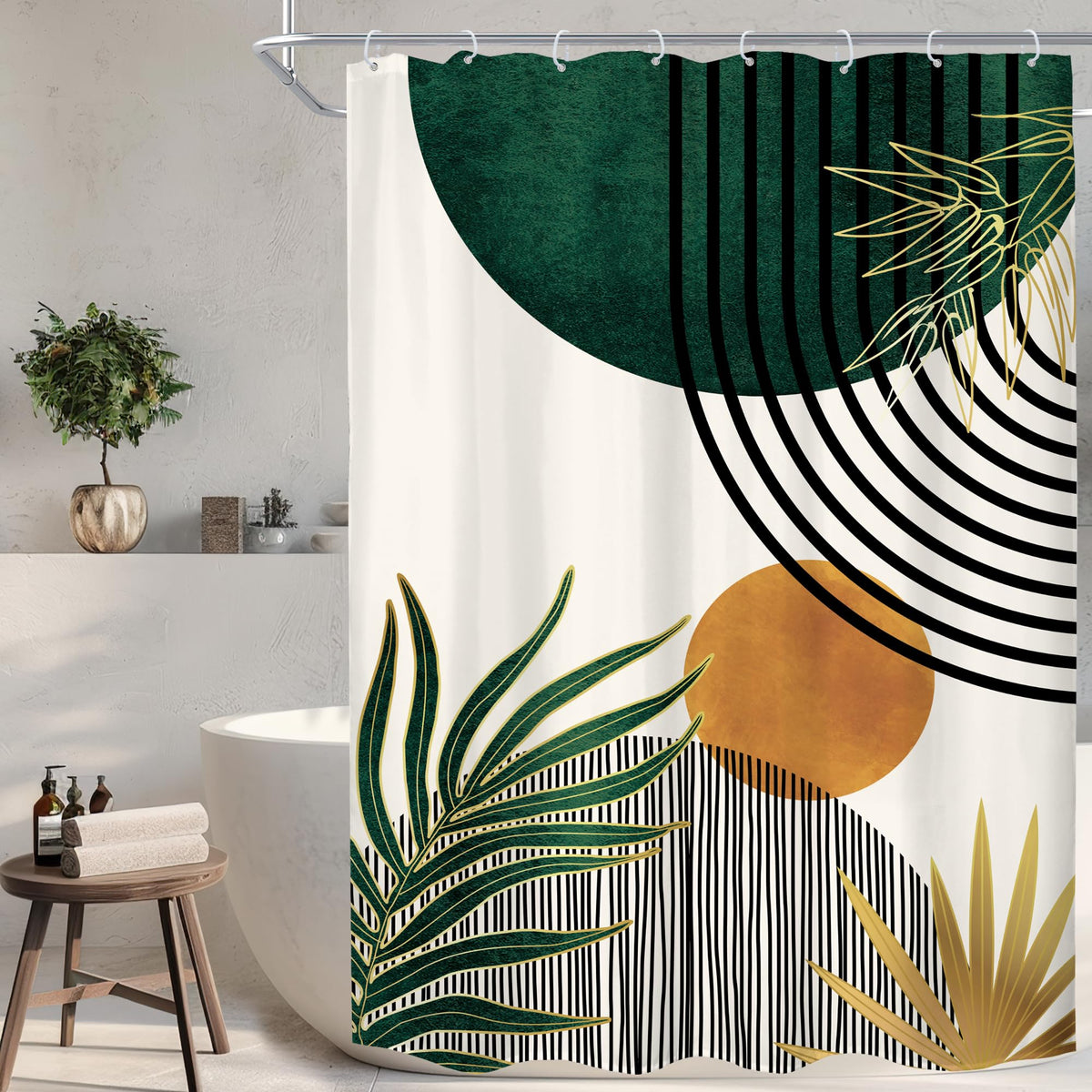 KOMLLEX Mid Century Green Boho Shower Curtain, Abstract Modern Shower Curtains for Bathroom, Plant Botanical Minimalist Leaf Arch Sun Fabric Liner Waterproof Polyester 12 Pack Hooks 60Wx72L Inches