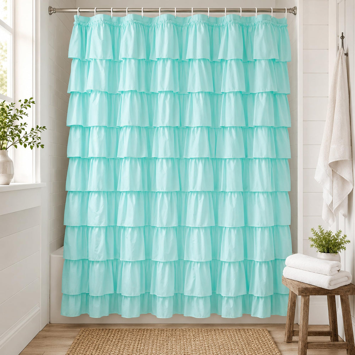 White Ruffle Shower Curtain for Bathroom,72 x 72 Inches, Farmhouse Style