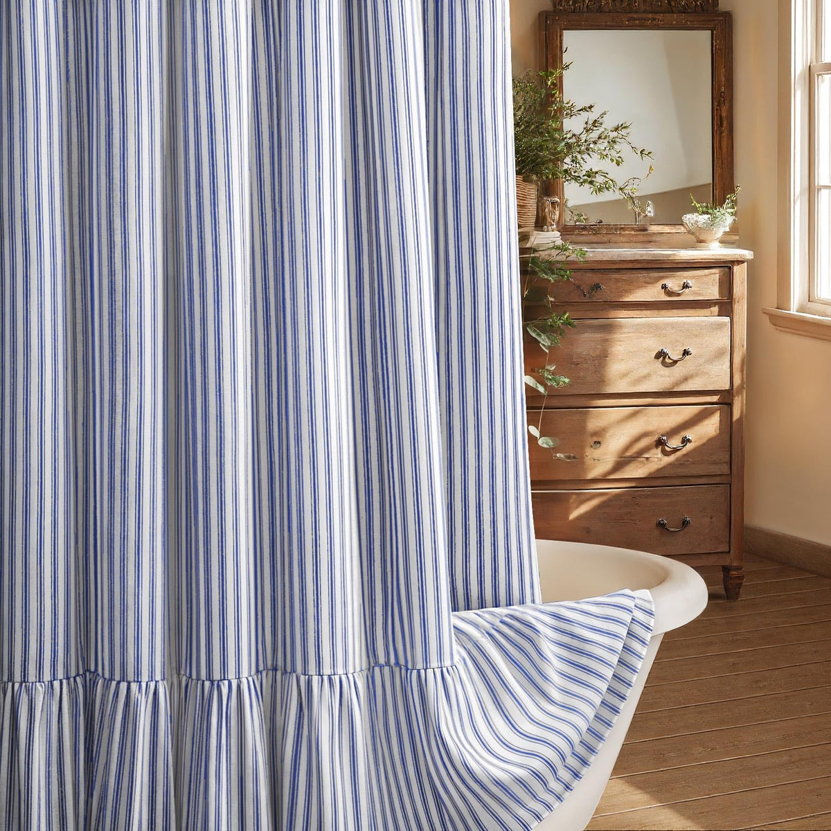 Farmhouse Shower Curtain Ruffle Linen Cream-Green Stripe 72"W x 72"L