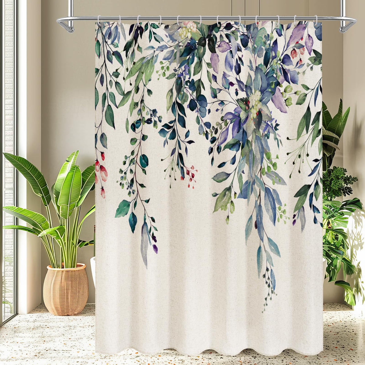 Gibelle SageGreen Linen Eucalyptus Shower Curtain, Watercolor Floral, 72x72