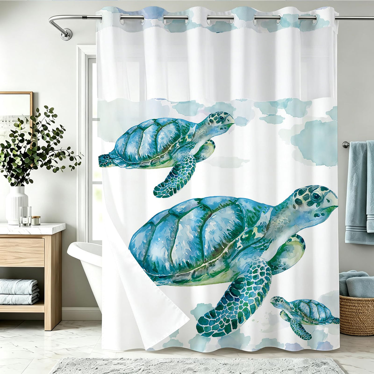 Nautical Green Sea Turtles Beach Theme Fabric Shower Curtain Sets Bathroom Blue Ocean Decor with Grommets and Hooks - 72 x 72 Inch Teal