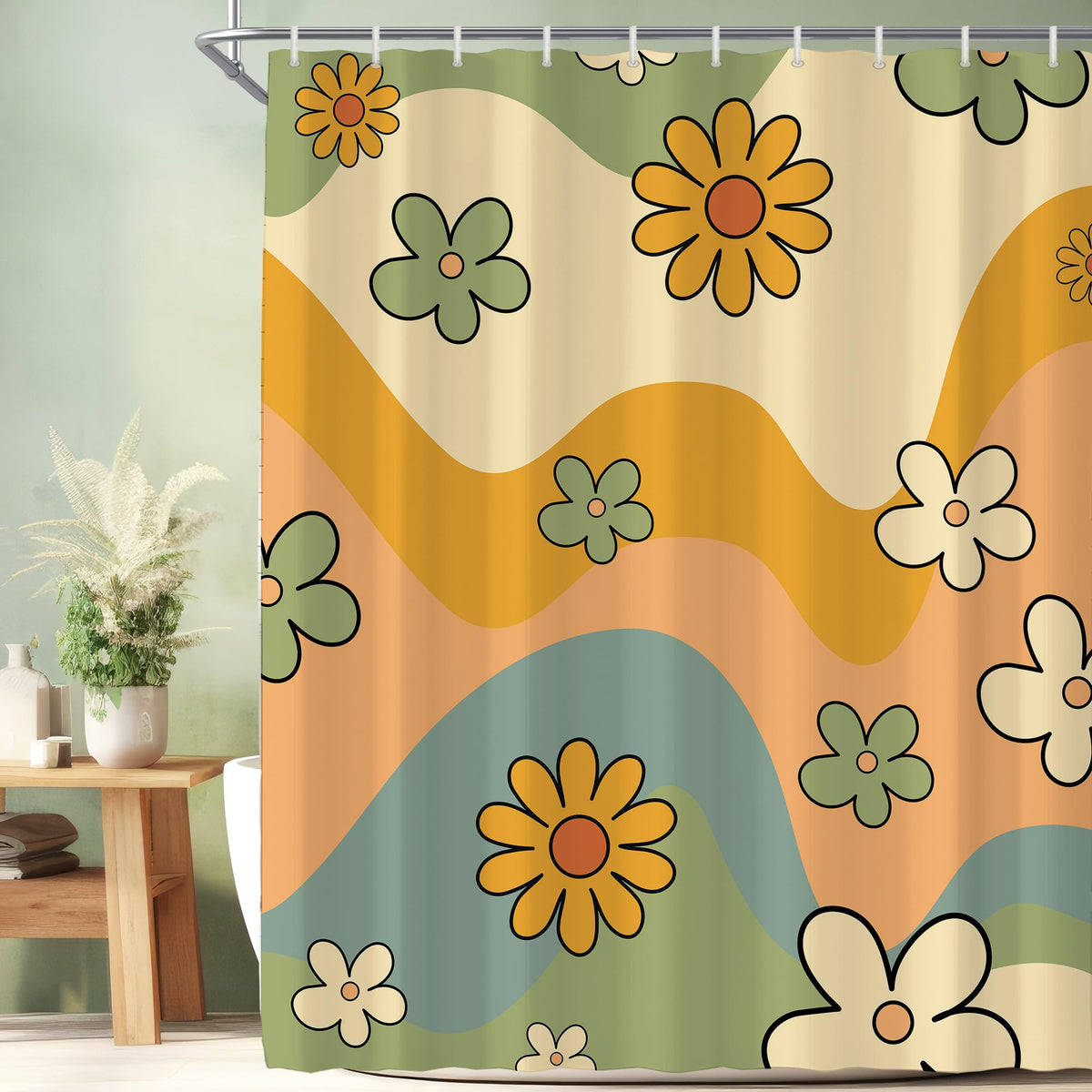 Black Cute Retro Floral Abstract 70s Aesthetic 72W*72H Inch Shower Curtain