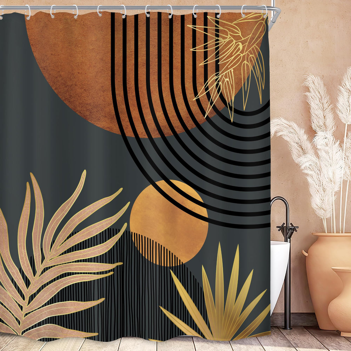 KOMLLEX Mid Century Green Boho Shower Curtain, Abstract Modern Shower Curtains for Bathroom, Plant Botanical Minimalist Leaf Arch Sun Fabric Liner Waterproof Polyester 12 Pack Hooks 60Wx72L Inches