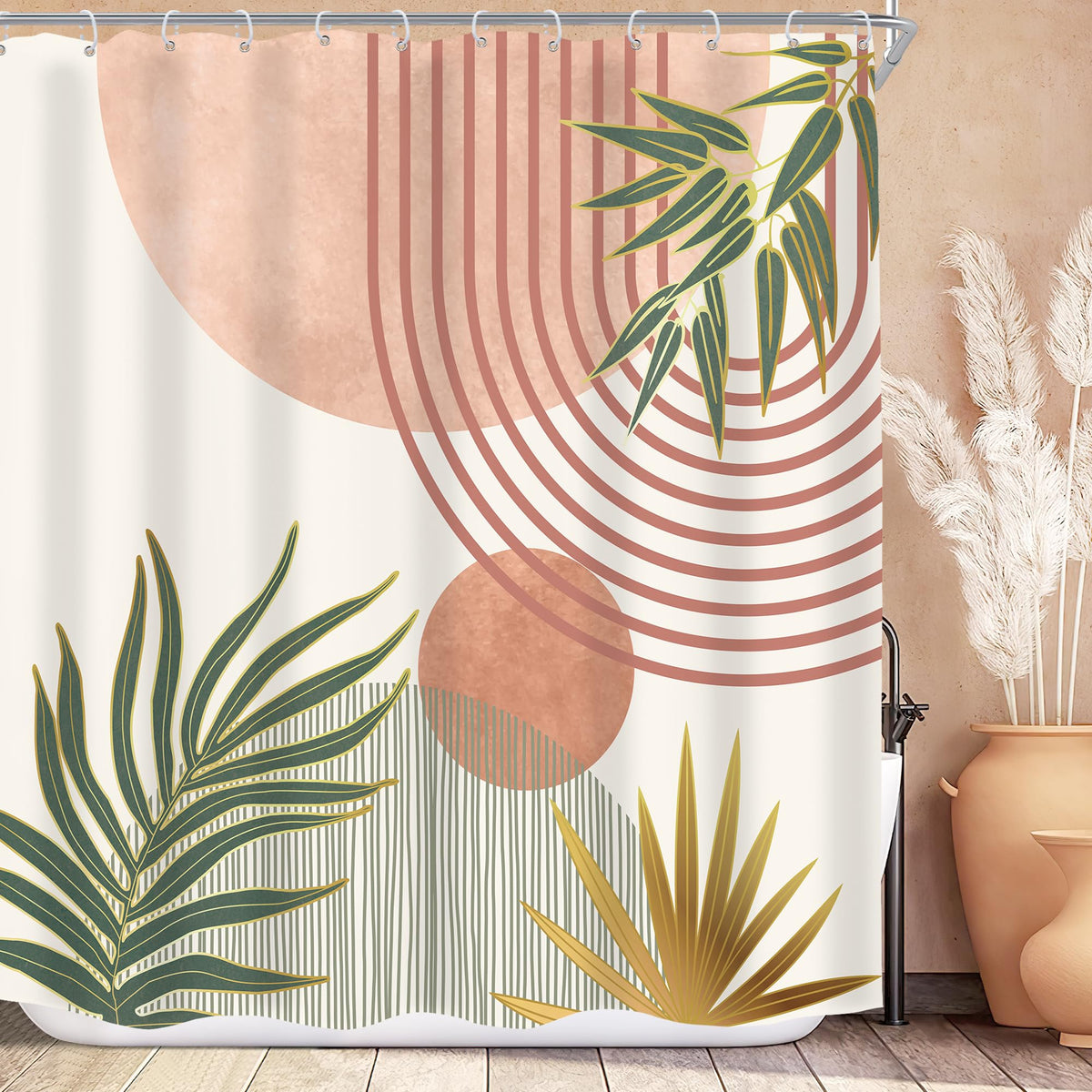 KOMLLEX Mid Century Green Boho Shower Curtain, Abstract Modern Shower Curtains for Bathroom, Plant Botanical Minimalist Leaf Arch Sun Fabric Liner Waterproof Polyester 12 Pack Hooks 60Wx72L Inches