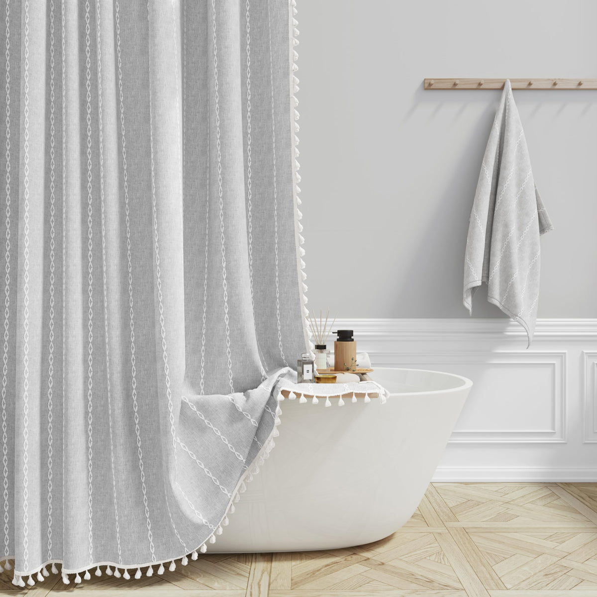 BTTN Cream Boho Farmhouse Linen Heavy Duty Shower Curtain Set, 72x72, Beige