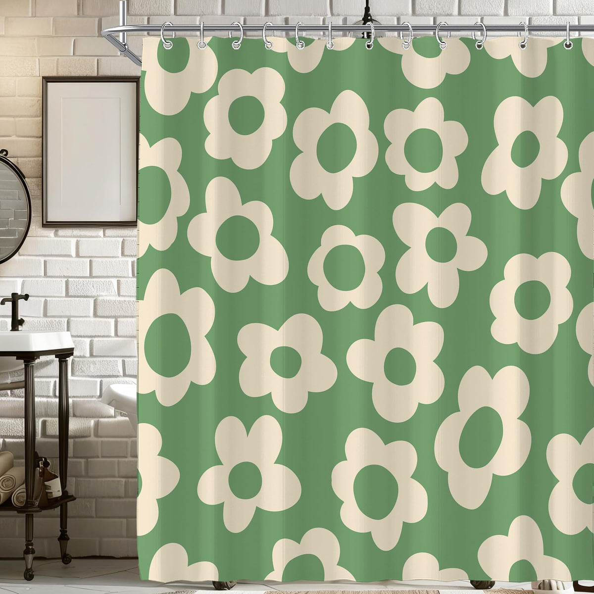 Black Cute Retro Floral Abstract 70s Aesthetic 72W*72H Inch Shower Curtain