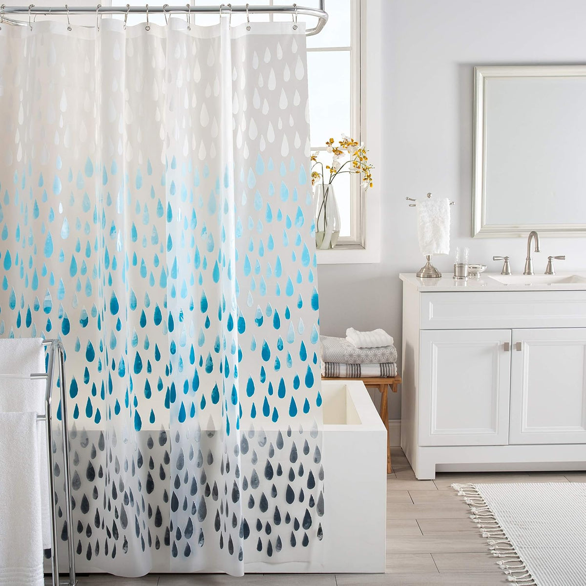 Bath Bliss Design PEVA Shower Curtain | Dimensions: 70"x 72" | 12 Metal Grommets | Bathroom Accessories | Reinforced Mesh Trim | Ombre | Raindrop Blue