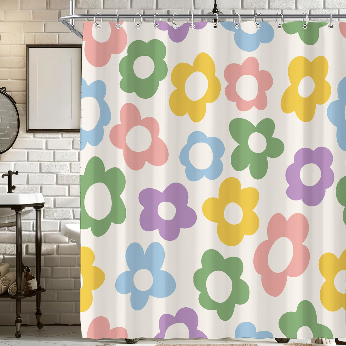 Black Cute Retro Floral Abstract 70s Aesthetic 72W*72H Inch Shower Curtain