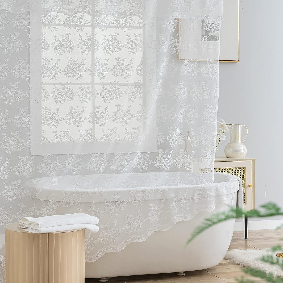 TUDECO Pink Lace Shower Curtain with Attached Valance, 72x72 Inch, 1 Panel