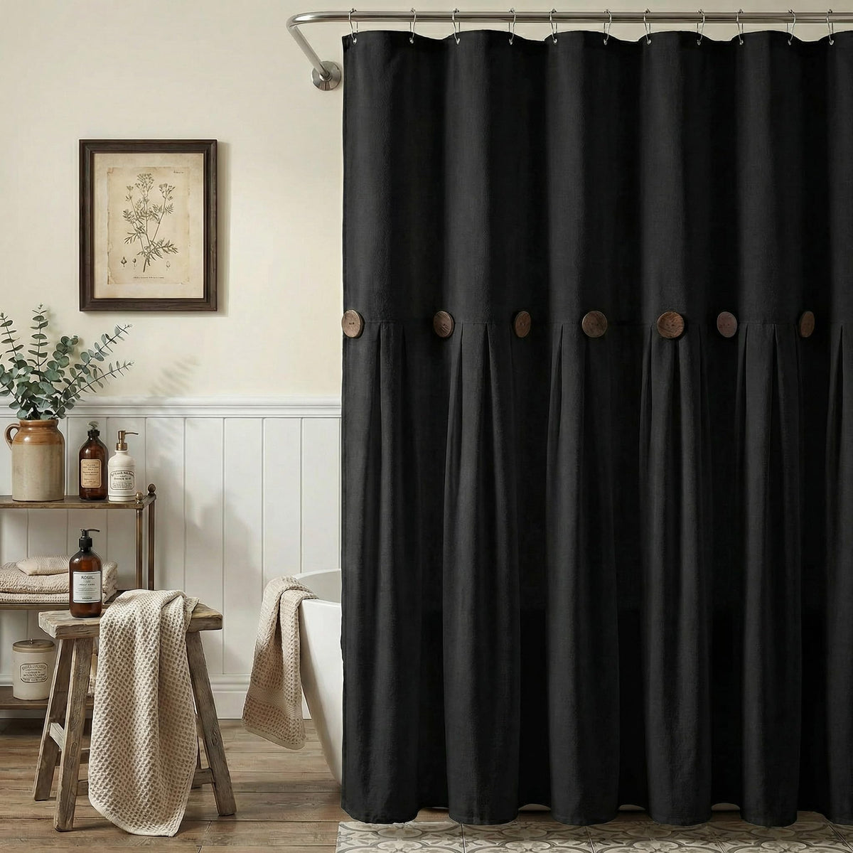 Farmhouse Shower Curtain Linen Beige Button Brown Stripe 72"W x 72"L