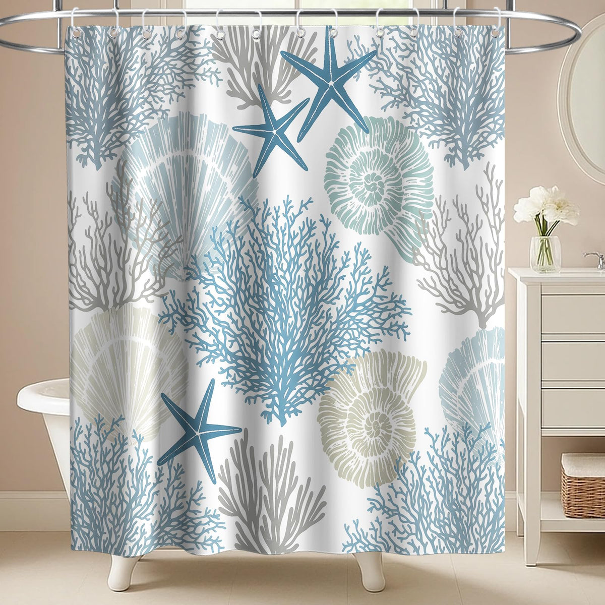Nautical Green Sea Turtles Beach Theme Fabric Shower Curtain Sets Bathroom Blue Ocean Decor with Grommets and Hooks - 72 x 72 Inch Teal