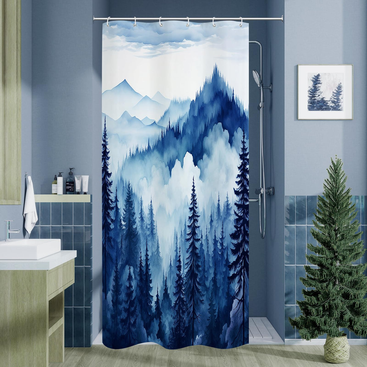 Dark Green Pine Forest Shower Curtain, Misty Woodland, 72 x 72 Inches