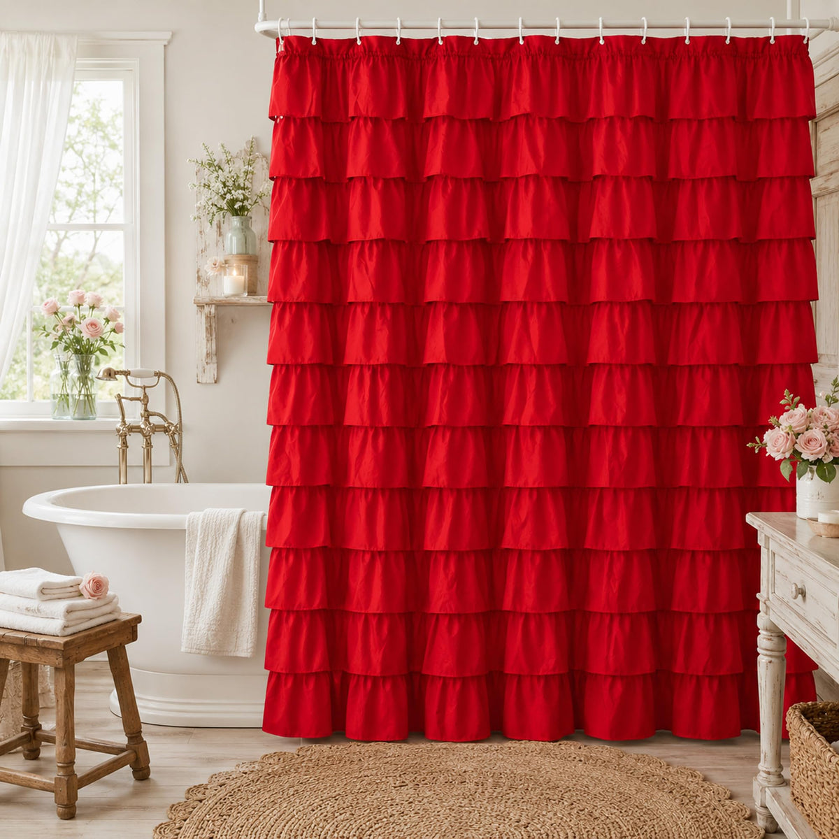 White Ruffle Shower Curtain for Bathroom,72 x 72 Inches, Farmhouse Style