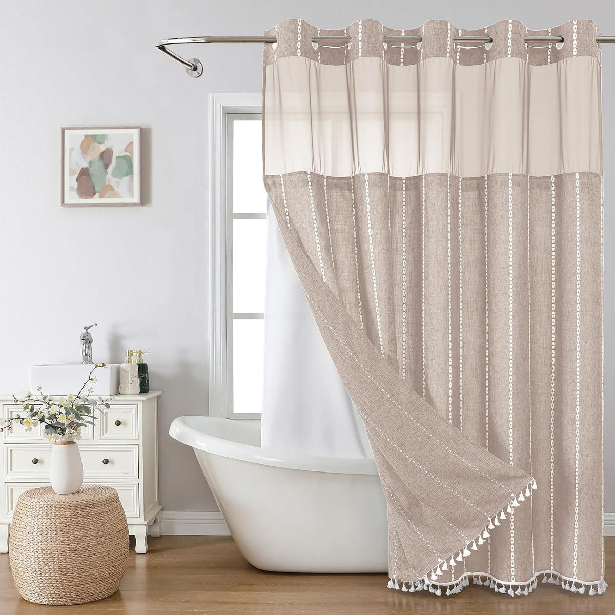 eachope Boho Farmhouse No Hook Shower Curtain Set with Snap-in Fabric Liner,Heavy-Duty Linen Textured Rustic Striped Design,Water-Repellent with Tassels and Sheer Window,Tan/Taupe,71x74