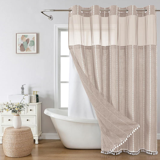 eachope Boho Farmhouse No Hook Shower Curtain Set with Snap-in Fabric Liner,Heavy-Duty Linen Textured Rustic Striped Design,Water-Repellent with Tassels and Sheer Window,Tan/Taupe,71x74