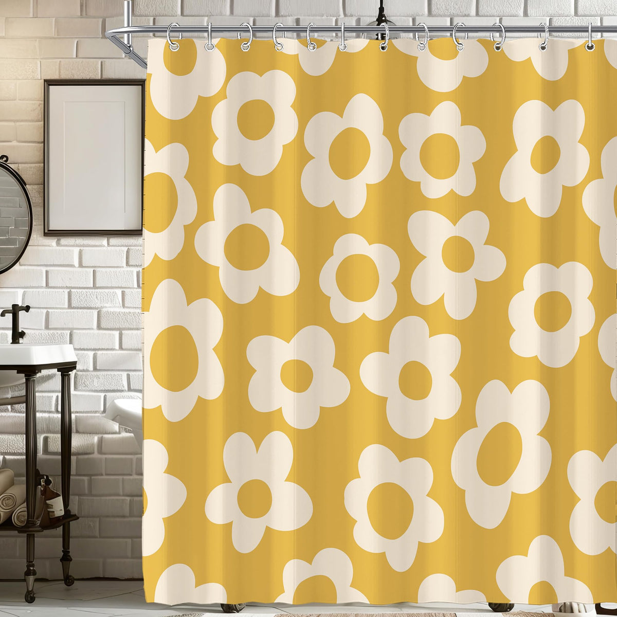 Black Cute Retro Floral Abstract 70s Aesthetic 72W*72H Inch Shower Curtain